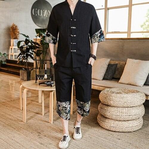 Chinese Style Men Sets Cotton Ethnic Printed Half Sleeve T-Shirts Pants Sets 2020 Streetwear Casual Vintage Mens Suit 10993