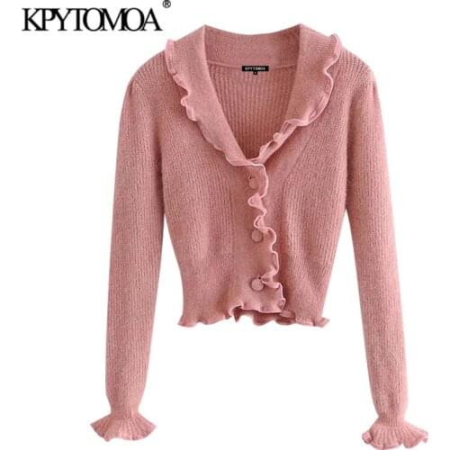 KPYTOMOA Women 2020 Fashion With Buttons Ruffled Cropped Knitted Cardigan Sweater Vintage Long Sleeve Female Outerwear Chic Tops