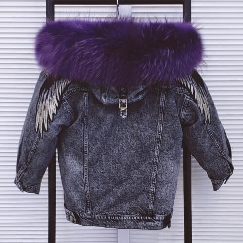New Winter Demin Jacket Real Fur Girls and Boys Coats Fashion Wings Large Raccoon Fur Hooded Parkas Kids Winter Clothes Warm
