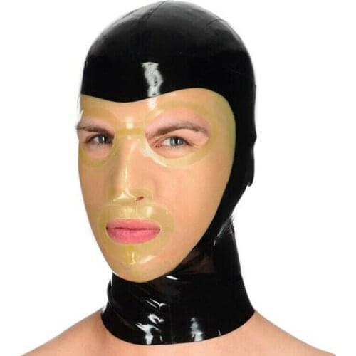 Latex Hood Open Eyes and Mouth Back Zipper Black Spliced Transparent Rubber Mask adult toys chastity harness
