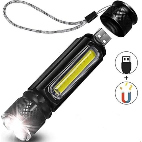 Small Brightest Tactical Flashlight XML-T6+COB Zoom High Power Mini Keychain Magnetic Flashlight USB Rechargeable Led Torch