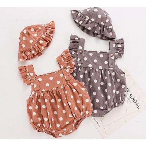 Cute Cotton Newborn Baby Girls Clothes Polkadot Print Romper with Hat Summer Flutter Sleeve Jumpsuits Kids Toddler 2pcs Clothing