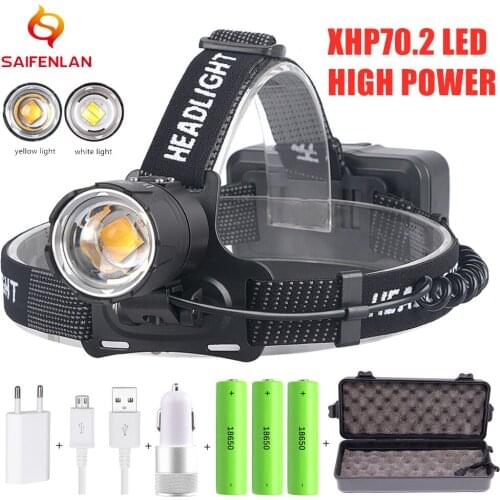 ZOOM High Power XHP70.2 Led Headlamp Yellow or White Lights Led Headlight Head Lamp Fishing Camping ZOOM Torch 3*18650 battery