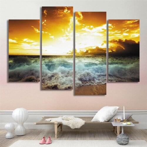 2017 Wall Pictures For Home Decor Gift Dusk Beach Canvas Painting Modern 4Pcs Sea Waves Painting On Canvas Cuadros Abstractos