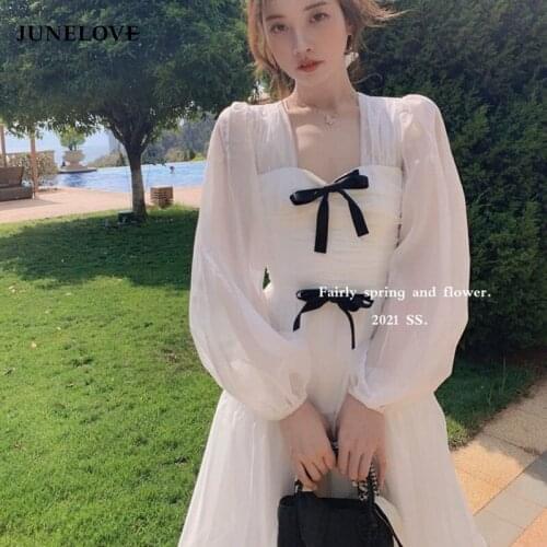 JuneLove New Long Puff Sleeve Bowknot Chiffon Long Dress Female 2021 Autumn Fairy Long Dress Sweet Princess Midi Party Dress