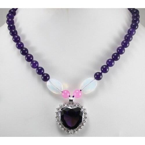 Wholesale noble 17" purple Natural Stone and crystal pendant necklace