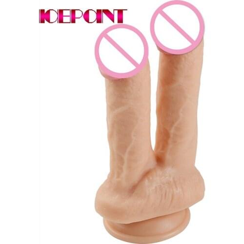 Realistic Double Headed Dildo Sex Toy For Woman or Couple Dual Sided Headed Penetration Dong Device With Simulated Penile Sucker