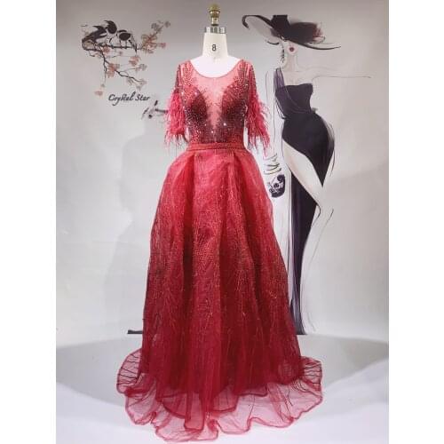 Champagne Luxury O-Neck Sexy Mermaid Evening Dresses 2021 Diamond Feathers Sleeveless Formal Dress HO1049