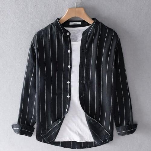 2020 Spring new arrival long-sleeved stand collar linen shirts men brand fashion black stripe shirt for men overhemd chemise