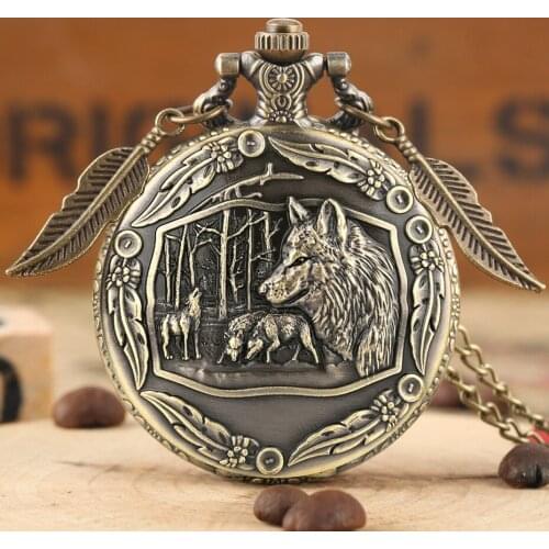 Awesome 3D Wolves Superb Sculpture Pocket Watch Necklace Exquisite Wolf Animal Clock Creative Pendant Gifts with Leaf Accessory