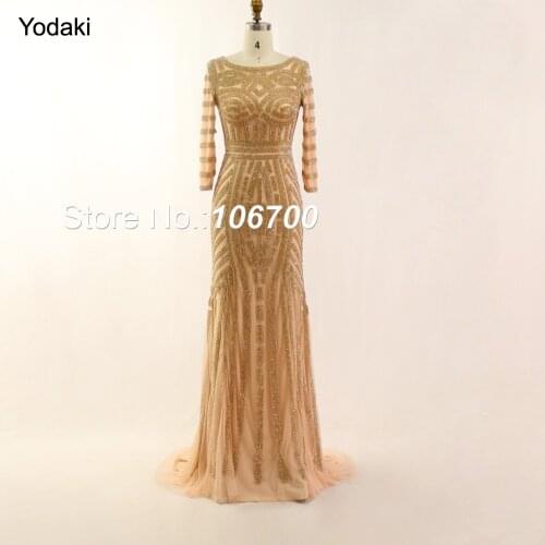 Stunning Real Photos Full Crystal Beading Evening Dresses Long Sleeves Boat Neck Gold Color Long Mermaid Pageant Prom Gowns