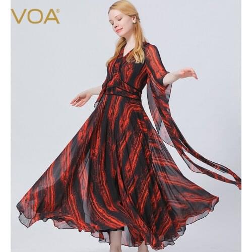 VOA Silk Georgette Red Sun Flame V-neck Zipper Sleeve with Tucker Pleat Double-layer Fashion Breathable Jumpsuit Autumn KE575