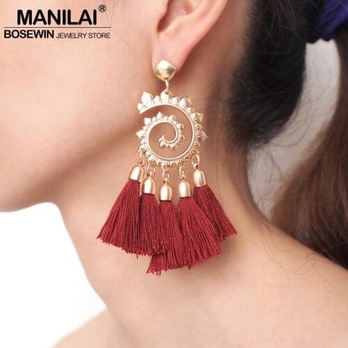 MANILAI Bohemia Copper Alloy Cotton Tassels Earrings For Women 6 Color Fringe Statement Dangle Earrings Beach Jewelry Gift