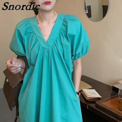 2021 Women Summer Elegant V Neck Long Folds Dress Loose Waist Puff Sleeve Straight Maxi Pullover Sundress French Style
