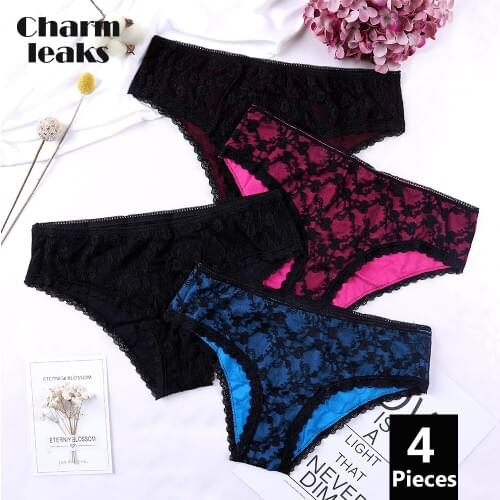 Charmleaks Womens Lace Hipster Underwear V String Sexy Panties Tanga Briefs Geometric Cotton Skin-friendly Comfortable 4 Packs