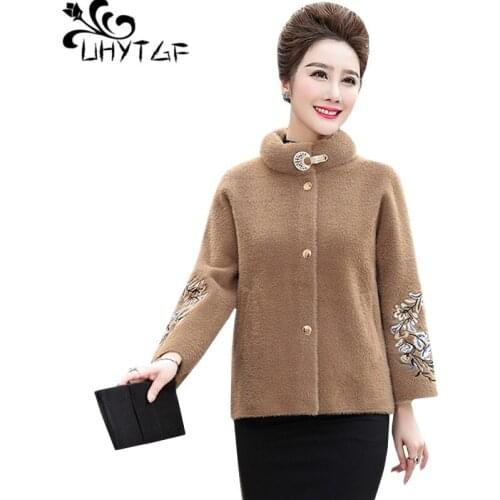 UHYTGF Autumn coats women elegant woman Winter wool coat Fashion mom Plus size top Quality Mink Cashmere short woolen jacket 381