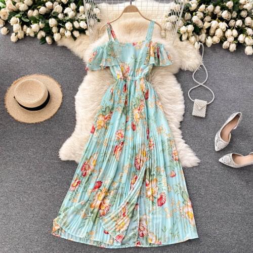 2021 New Summer Women Sexy Strap Beach Vacation Dress Sweet Ruffles Sleeve Pleated Hem Floral Chiffon Long Dress