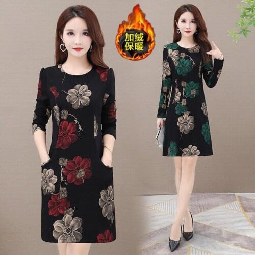 Women Spring Autumn Dress New Middle-aged Mother Winter Plus velvet Dresses Female Long Sleeve Plus Size Dress Womens Dress A