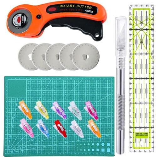 19Pcs 45mm Rotary Cutter Kit & Cutting Mat & Patchwork Ruler & Sewing Clips for Cloths Fabric Leather DIY Sewing Craft