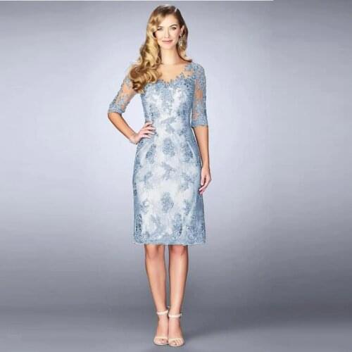 2020 Latest SIlver Jewel Neck Lace Knee Length Mother of the Bride Dresses With Half Sleeves Wedding Party Gowns Sheath