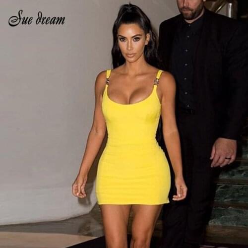 2020 Latest Sexy Tight Dress Gold Kardashian Yellow Collar Sling Strapless Water Metal Ring Mini Bandage Dress