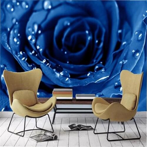 3d Flower Wallcovering Wallpaper Living Room Delicate Dew Blue Rose 3d Floral Wallpapers Decoration Interior Wall Covering