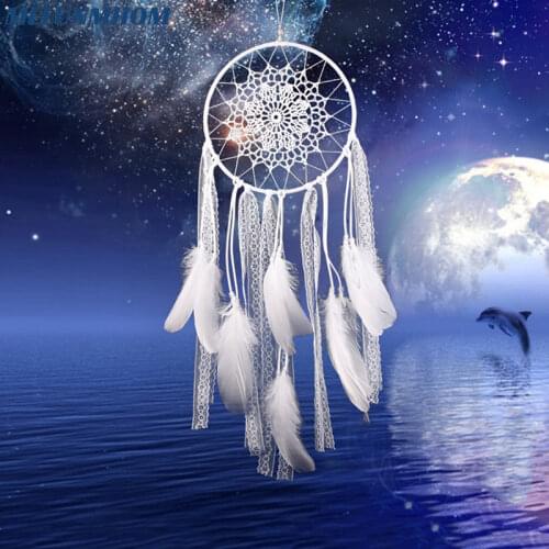White Handmade Lace Natural Feathers Dreamcatcher Hanging Decoration Crafts Wall Car Feather Dream Catcher Pendant Home Ornament