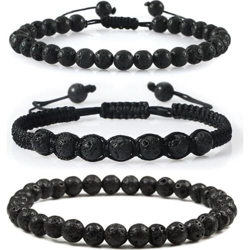 Hot Men Bracelets 6mm Black Lava Rock Stone Handmade Hematite Cross Beaded Bracelet & Bangle Adjustable Size Women Wrist Jewelry