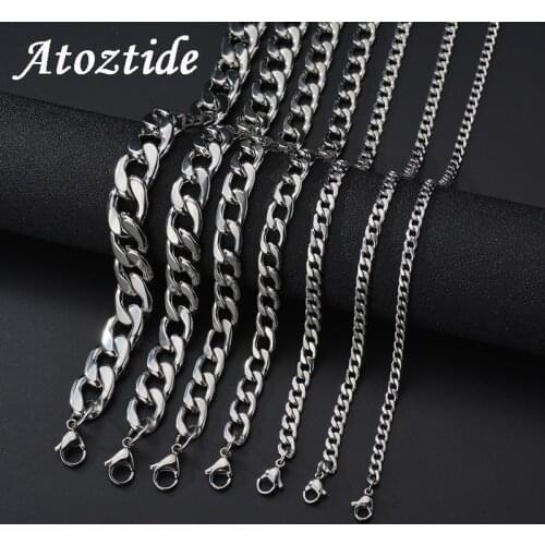 Atoztide 1-3.5mm 50-70cm Stainless Steel Side Chain Necklace For Men Curb Cuban Silver Color Link Chain For Male Wholesales