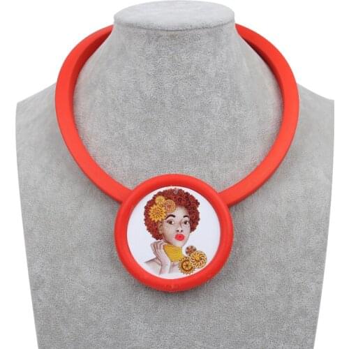 YD&YDBZ India Girl Print Wooden Pendant Necklaces For Women Original Red Rubber Flat Rope Choker Necklace Goth Clothes Jewelry