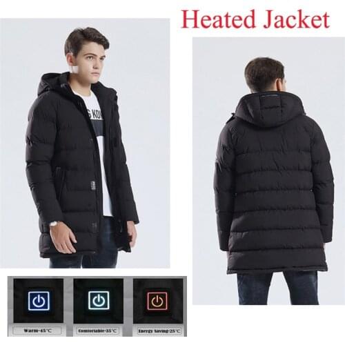 Long Thick Intelligent Mens Heated Jacket Winter Black Outdoor Ski Jacket Male Heated Vest Medium Thermal Cotton-padded Jacket