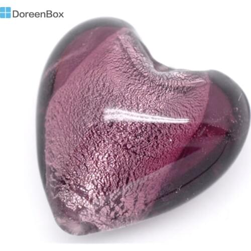 Doreen Box hot- 10 Purple Heart Foil Glass Lampwork Beads 20x20mm (B08194)