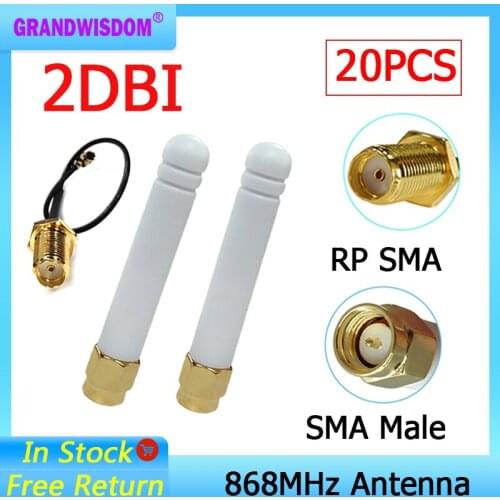 20pcs 868MHz 915MHz Antenna 2dbi SMA Male Connector GSM 915 MHz 868 MHz antena antenne waterproof+21cm RP-SMA/u.FL Pigtail Cable