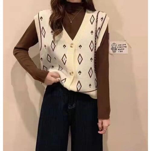Heliar Women Button Up Sweater Vest Jumpers Diamonds V-neck Parttern Casual Cardigans For Women Jumpers Autumn 2021