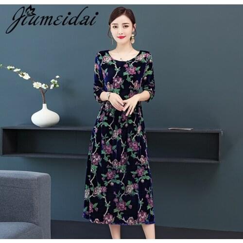 JiuMeiDai 2020 Women Chinese Style Velvet Long Dress Lady Elegant Floral Dresses Female O-Neck Vintage Party Clothing Plus Size