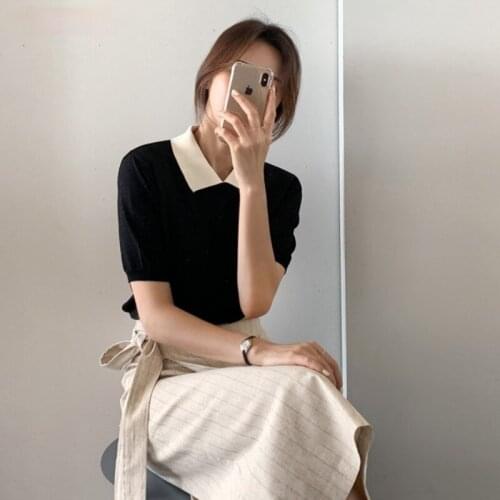 Korean Striped Thin Knitted Tops Women Summer Short Sleeve Turn Down Collar T-shirts Fashion Office Tees T Shirts Female