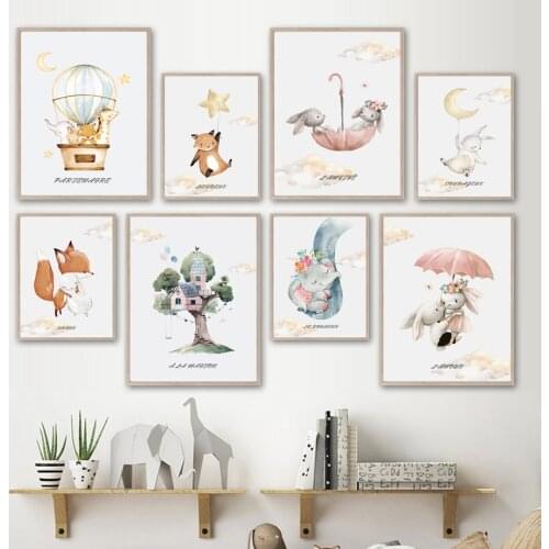 Rabbit Elephant Giraffe Fox Watercolor Animal Wall Art Canvas Painting Nordic Posters And Prints Wall Pictures Kids Room Decor