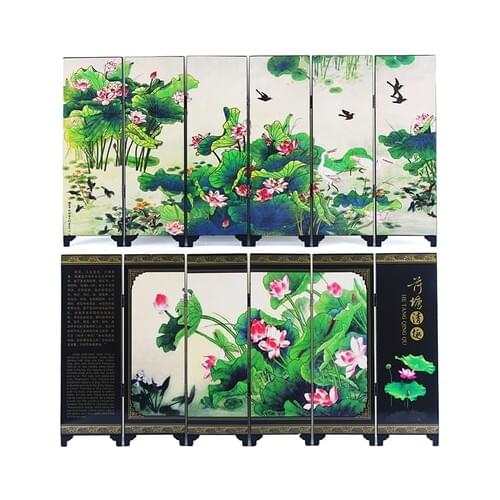 MINI Folding Screens 6 Joined Panels Decorative Painting Wood Byobu Alias Water Lotus Herb Flower Water-lilies Green