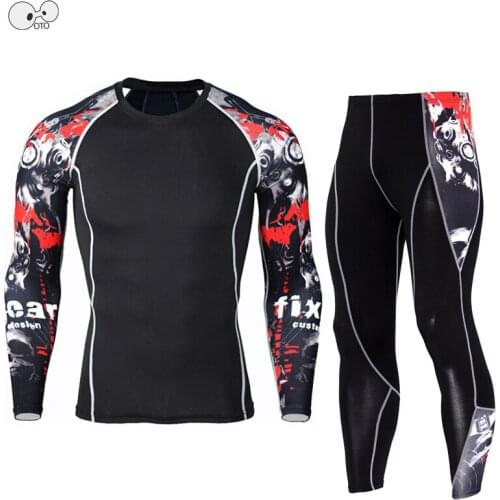 Mens Compression Shirt+Tights Running Set Bodybuilding Long Sleeves Sport Suit MMA Crossfit Workout Fitness Sportswear Clothing