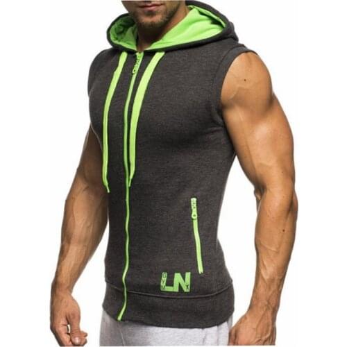 Mens Sleeveless Sports Hoodie Gym Slim Vest Gilet Fitness Hooded Sweatshirts Full Zipper Coat Fashion Hit Color Stitching