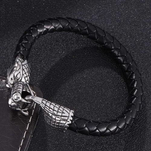 New Personality Black/Brown Leather Woven Bracelet Men Stainless Steel Easy-Hook Braided Bracelets Male Wrist Band Gifts ST0385
