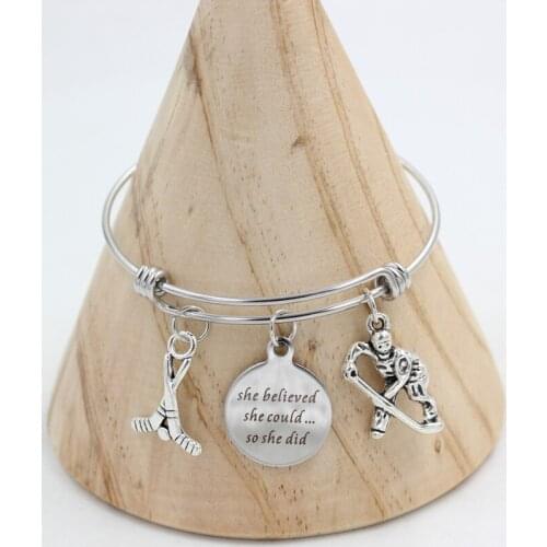 Wholesale Charm Bracelet Adjustable Expandble Stainless Steel Bangle Sport Ice Hockey Charms Bracelet Gift Bijoux Pulsera