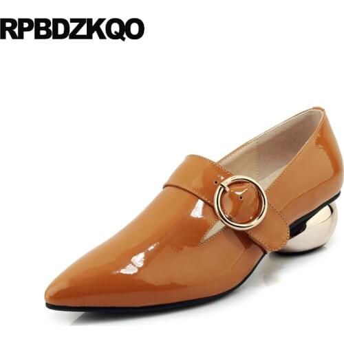 Pointed toe size 33 handmade metal patent leather 2019 ladies genuine thick fashion shoes brand medium heels yellow customized