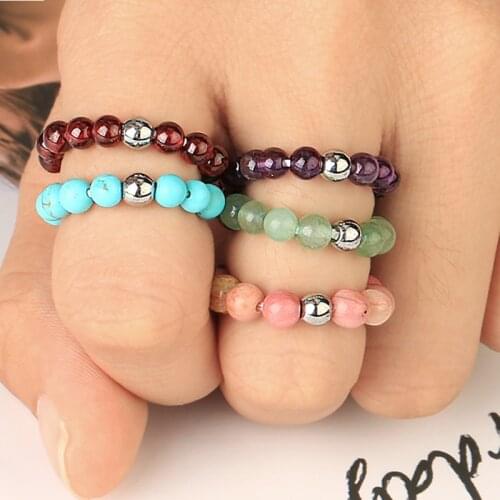 Natural stone beaded Stretch ring for women adjustable bohemia rings rose quartz tiger eye garnet lava red agate crystal onyx