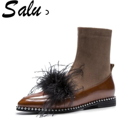 Salu Winter Boots Women Genuine Leather Natural Fur Boots Women Waterproof Black Platform Block Heel Shoes for Ladies