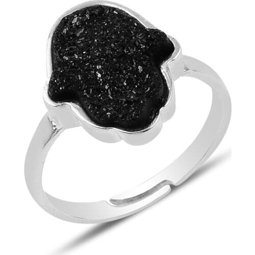 Silverlina Silver Fatma Master Hand Druzy Gemstone Adjustable Tall Ring