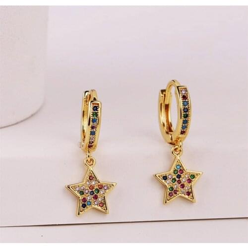 Cute Star Pentagram Copper Metal Gold Color Hoop Earrings For Women Girls Trendy Multicolor CZ Zircon Hanging Earring Jewelry