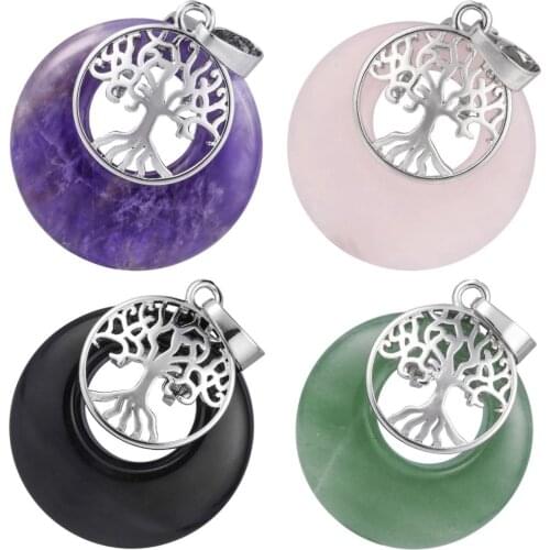TUMBEELLUWA Natural Stone Tree of Life Pendant Necklace,Sliver Color Hollow Round Shape Crystal Pendant Reiki Jewelry for Unisex