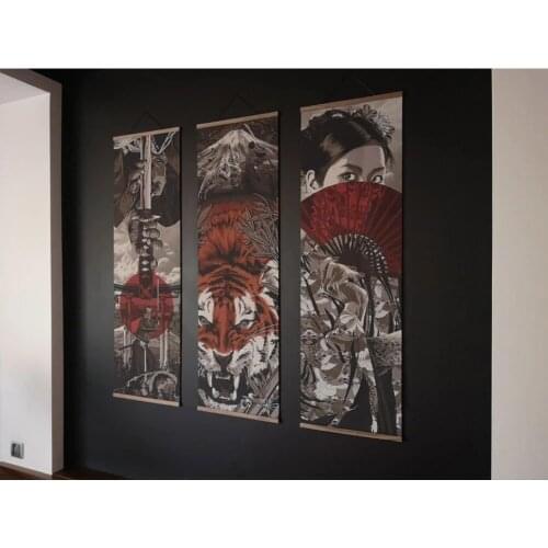 Japanese Ukiyoe Samurai Canvas Posters Wall Painting for Living Room Wall Art Solid Wood Hanging Scroll Picture Home Decor