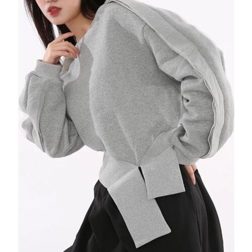 Women Cropped Back Zip Up Fashion Sweatshirt / Asymmetric Cotton Fleece Long Sleeves